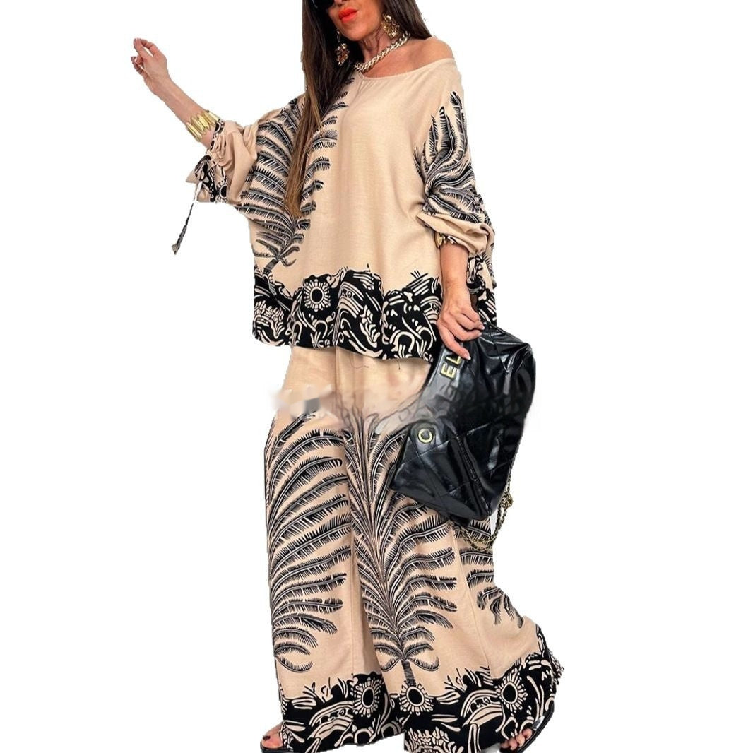Vintage Floral Wide-Leg TopPants Suit
