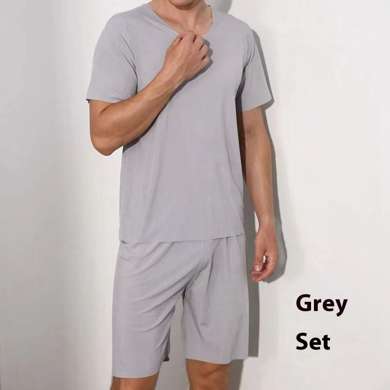 Men's Ice Silk Solid Color Short Sleeve & Shorts Set