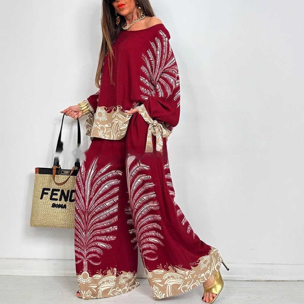Vintage Floral Wide-Leg TopPants Suit