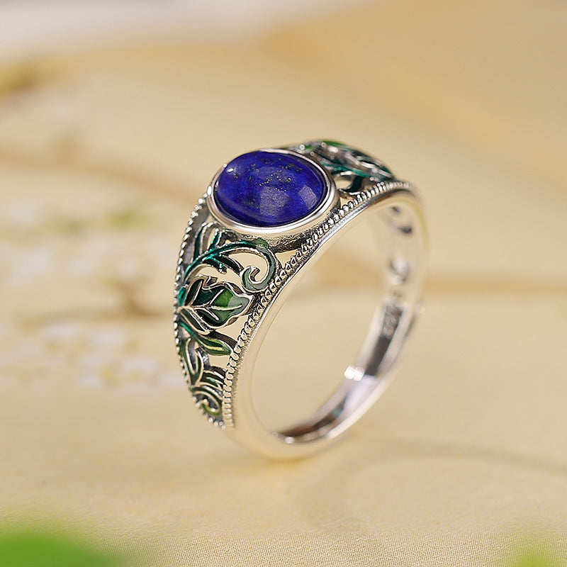 S925 Silver Lapis Lazuli Leaf Ring