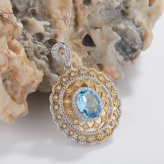 S925 Silver Natural Topaz Hollow Necklace