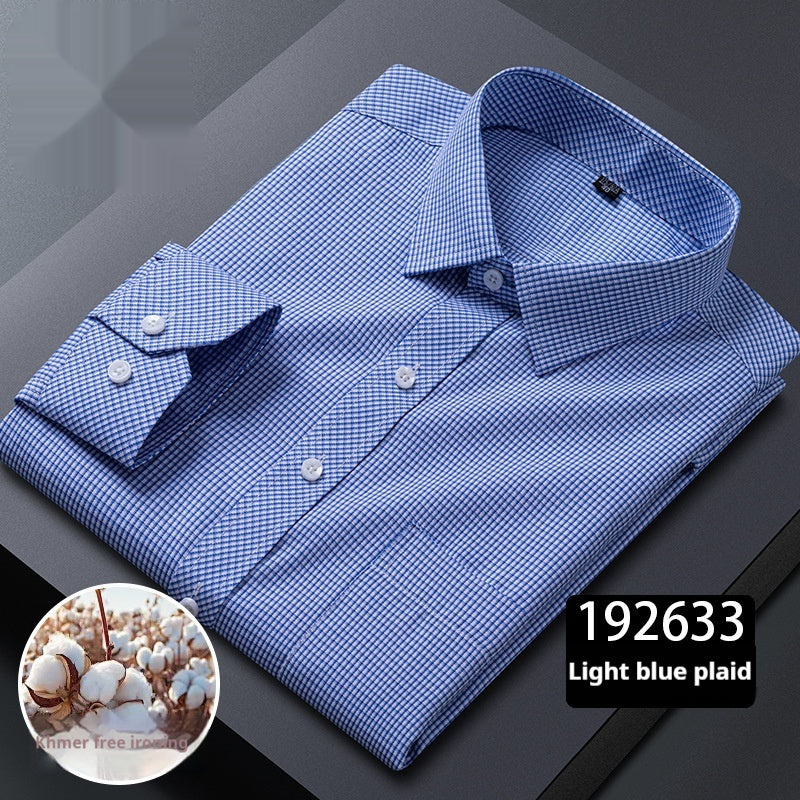 Men's Long-sleeve Plaid Business Shirt with Square Collar