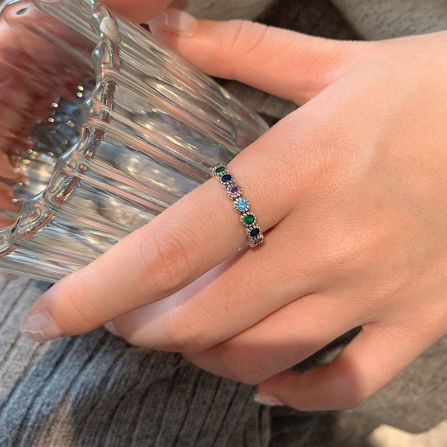 S925 Silver Retro Rainbow Zircon Ring