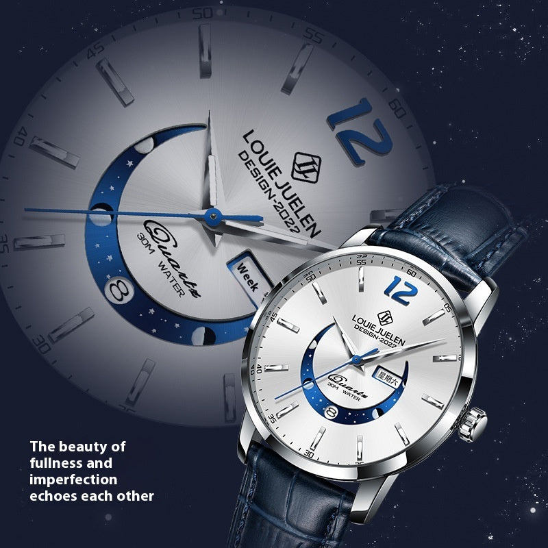 Men's Moon Phase Leather Quartz Watch