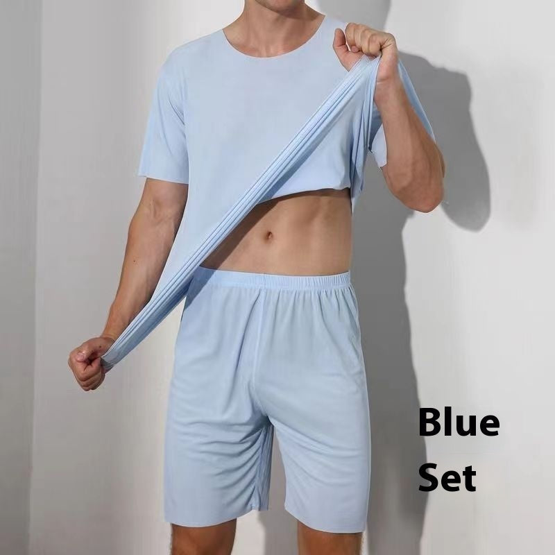 Men's Ice Silk Solid Color Short Sleeve & Shorts Set