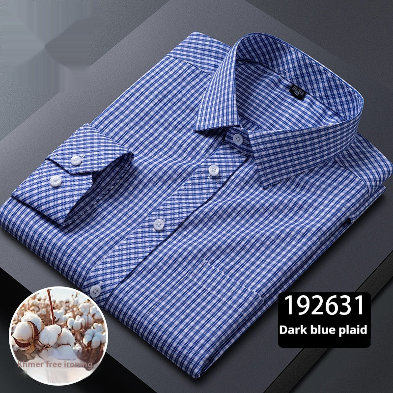 Men's Long-sleeve Plaid Business Shirt with Square Collar