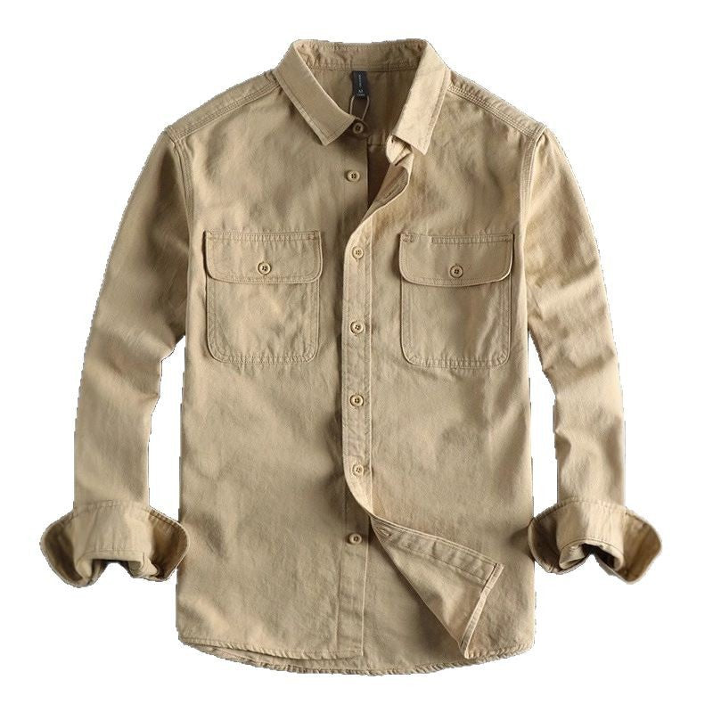 Men's Simple Lapel Washed Breathable Workwear Long Sleeve Shirt