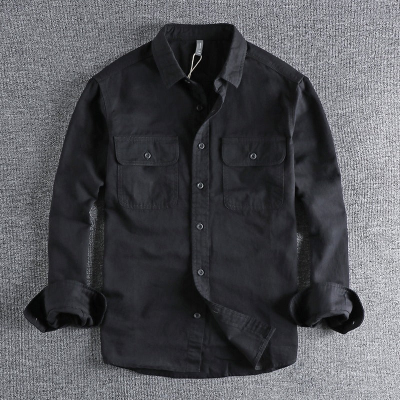 Men's Simple Lapel Washed Breathable Workwear Long Sleeve Shirt
