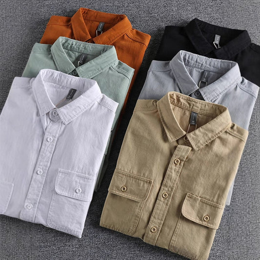 Men's Simple Lapel Washed Breathable Workwear Long Sleeve Shirt