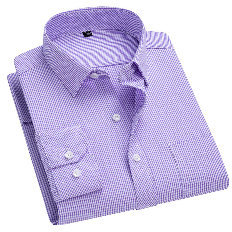 Men's Long-sleeve Plaid Business Shirt with Square Collar