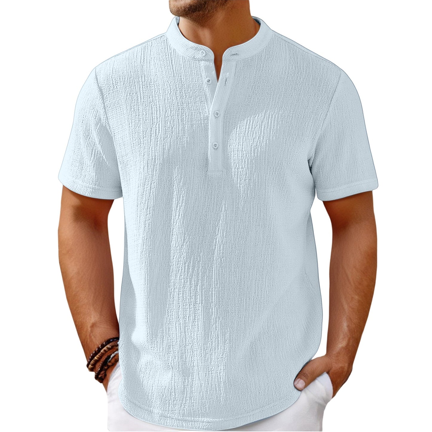 Men's Retro Cotton Linen Striped Henley Shirt