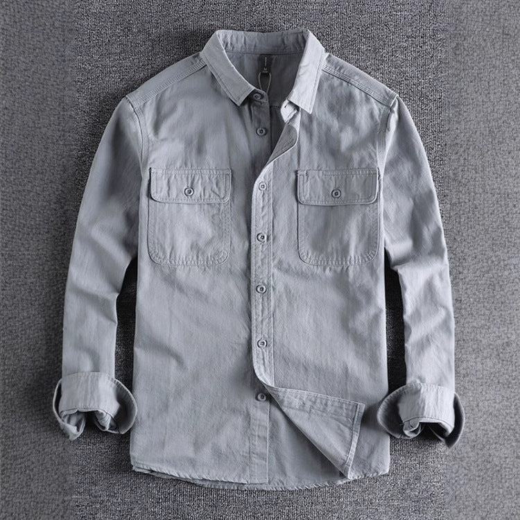 Men's Simple Lapel Washed Breathable Workwear Long Sleeve Shirt