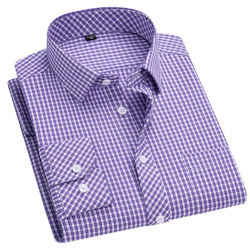 Men's Long-sleeve Plaid Business Shirt with Square Collar