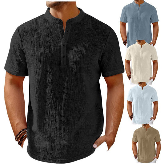 Men's Retro Cotton Linen Striped Henley Shirt
