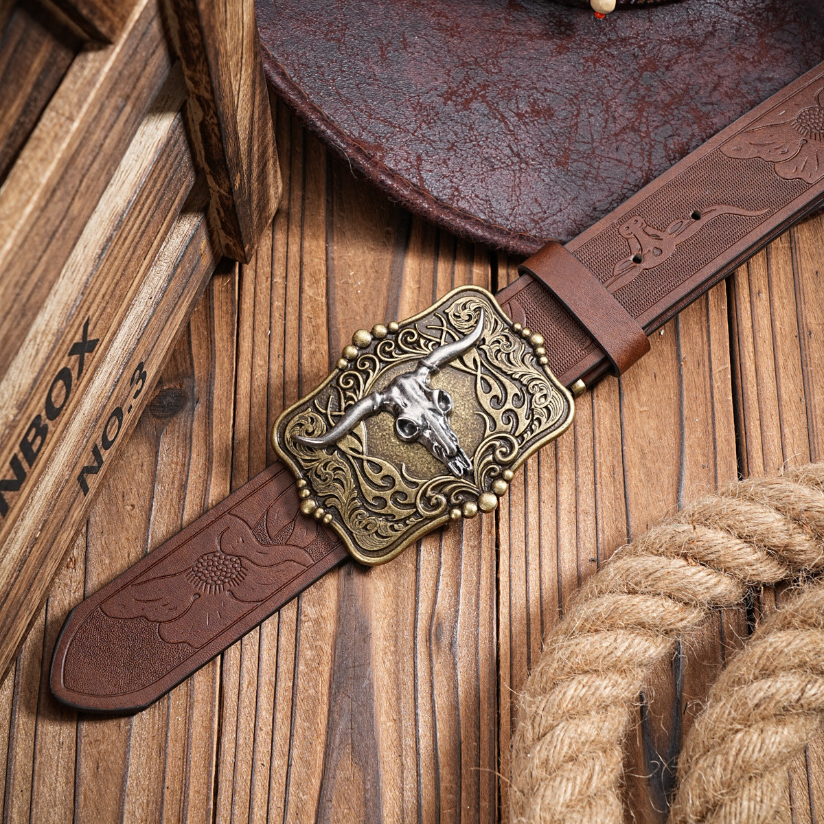 Brown Men’s Leather Belt Retro Embossed