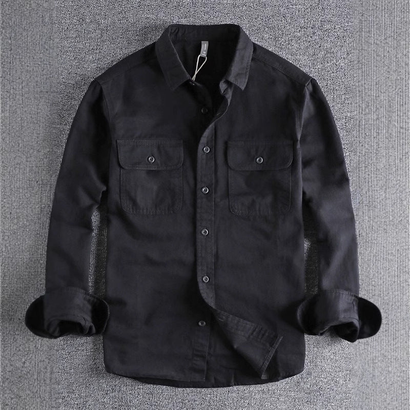 Men's Simple Lapel Washed Breathable Workwear Long Sleeve Shirt