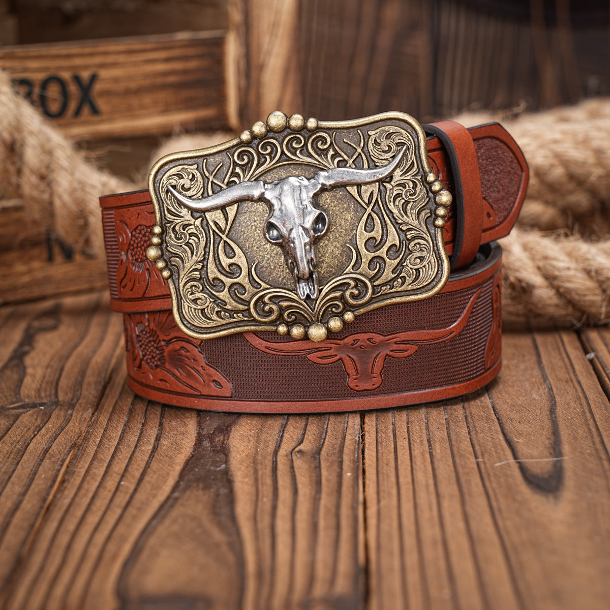 Brown Men’s Leather Belt Retro Embossed