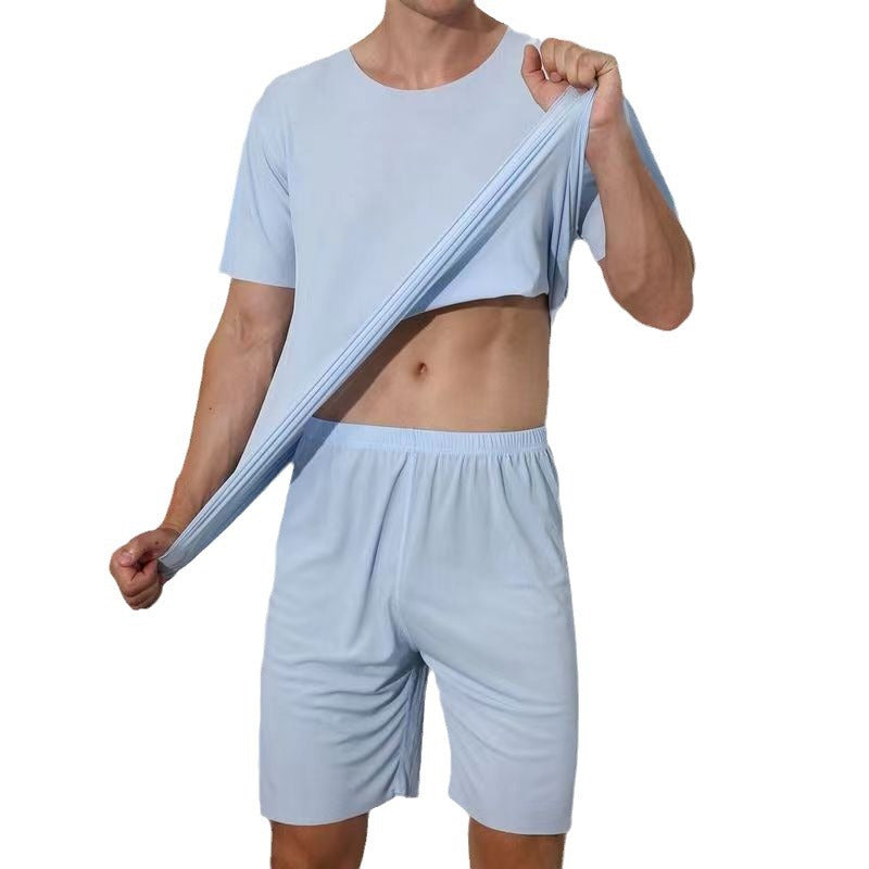 Men's Ice Silk Solid Color Short Sleeve & Shorts Set