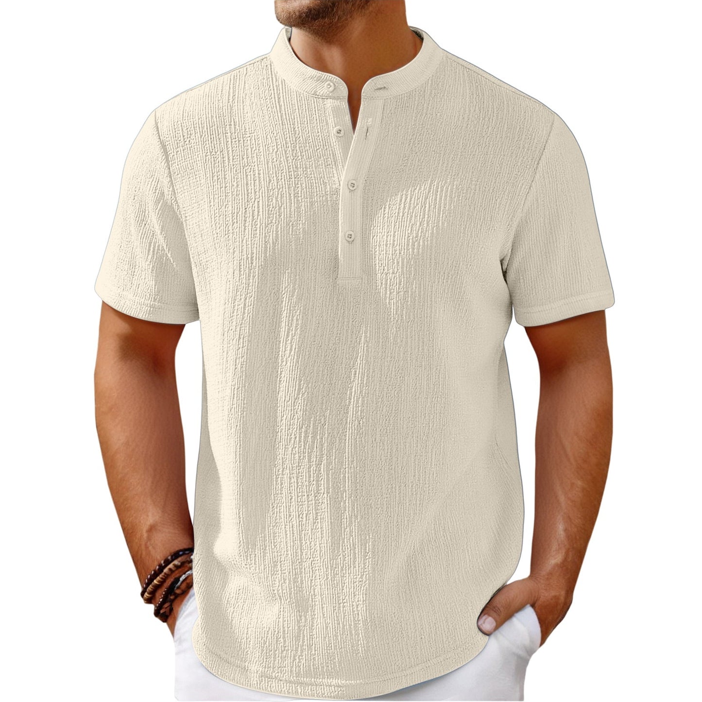Men's Retro Cotton Linen Striped Henley Shirt