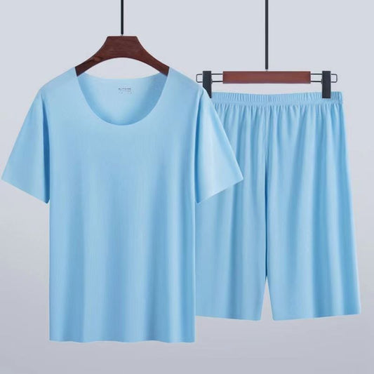 Men's Ice Silk Solid Color Short Sleeve & Shorts Set