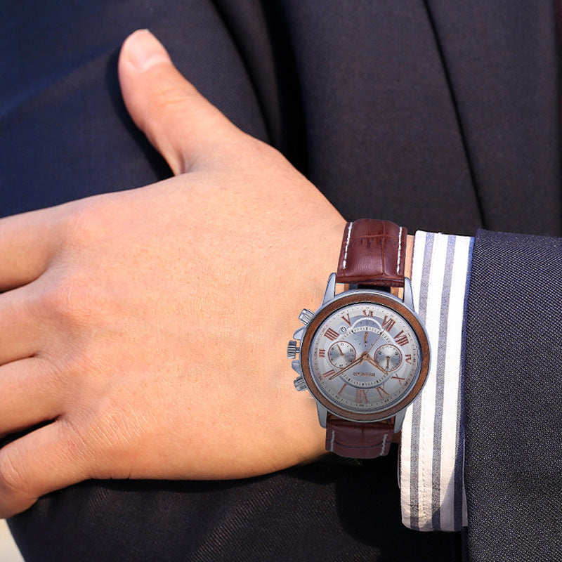 Alloy Wood Multi-function Men's Watch