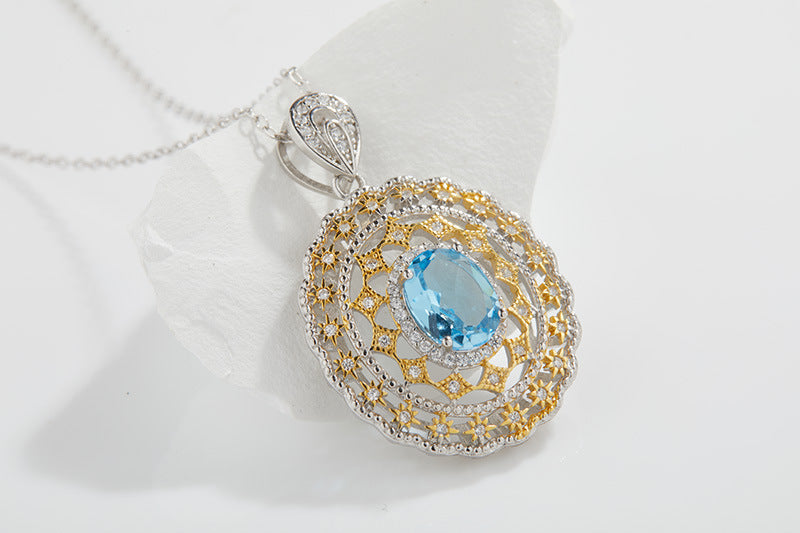 S925 Silver Natural Topaz Hollow Necklace