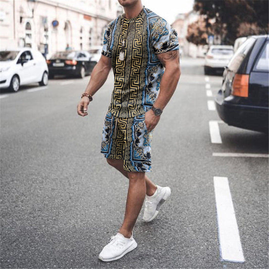 Printed Loose Sports T-shirt and Shorts Men