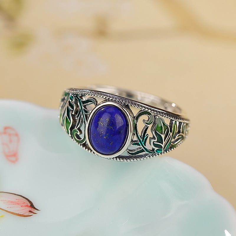 S925 Silver Lapis Lazuli Leaf Ring