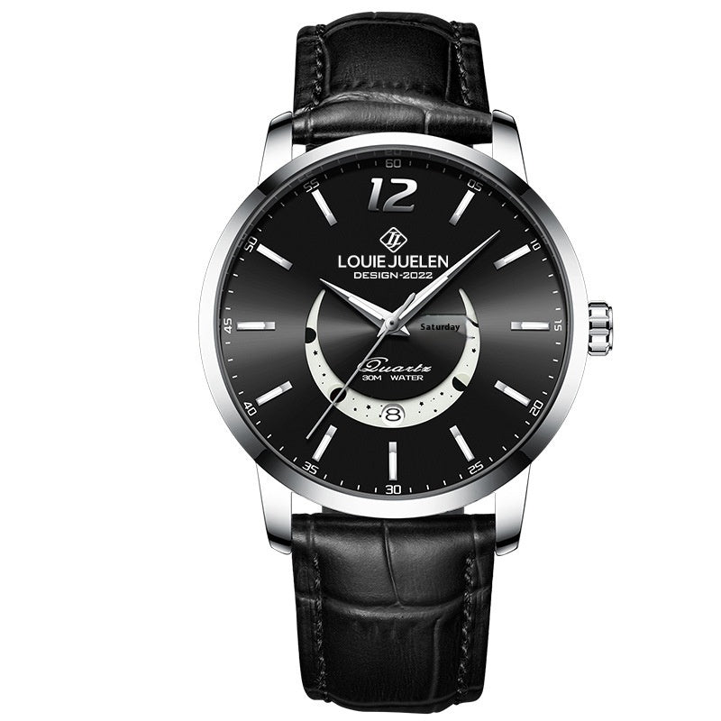 Men's Moon Phase Leather Quartz Watch