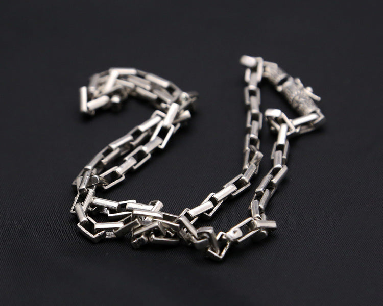 S925 Pure Thai Silver Hoop Retaining Ring Vintage Men's Box Chain Coarse Ore Necklace