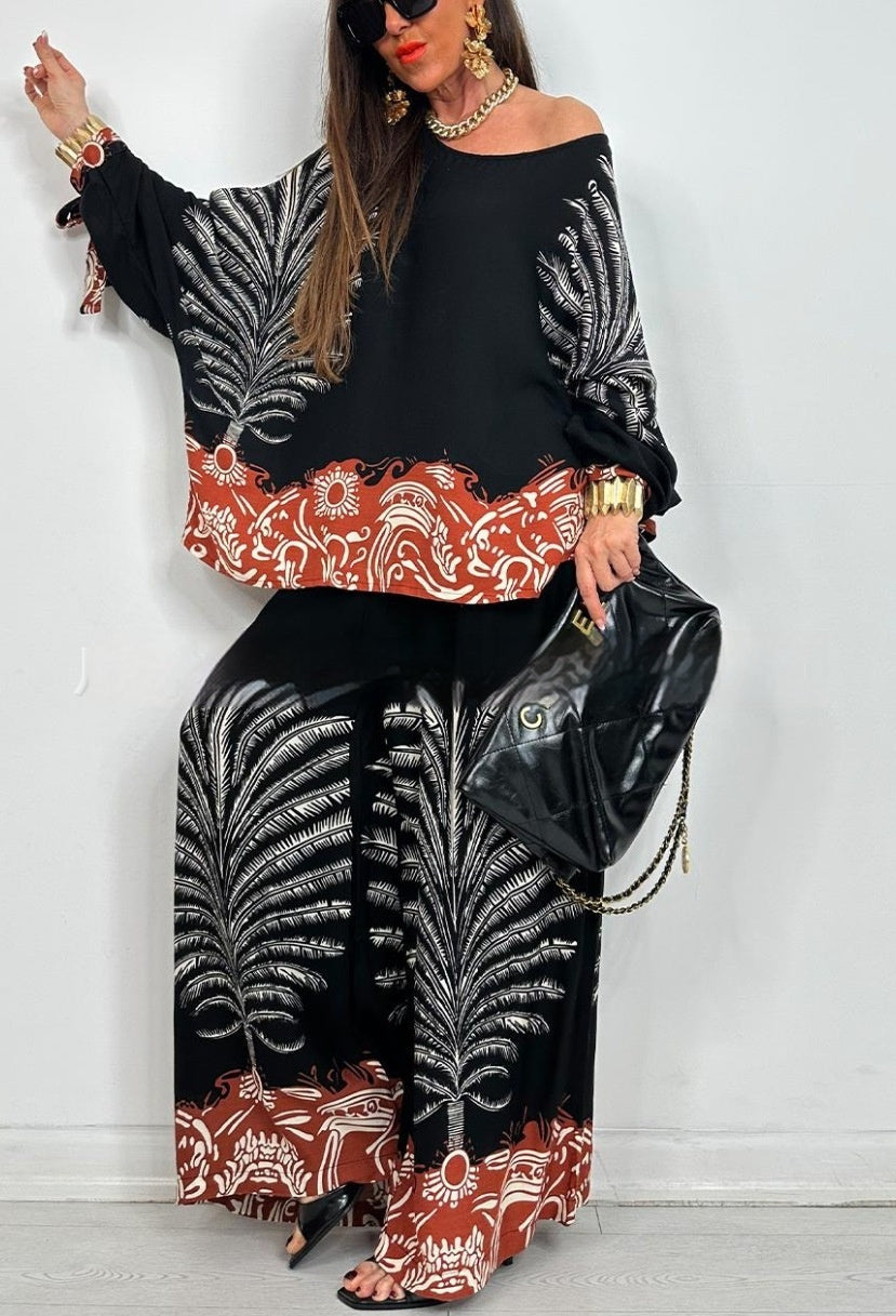Vintage Floral Wide-Leg TopPants Suit
