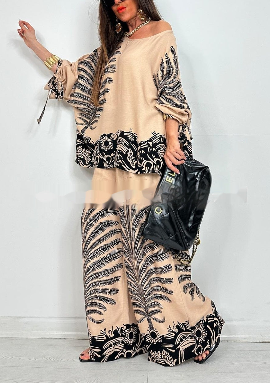 Vintage Floral Wide-Leg TopPants Suit