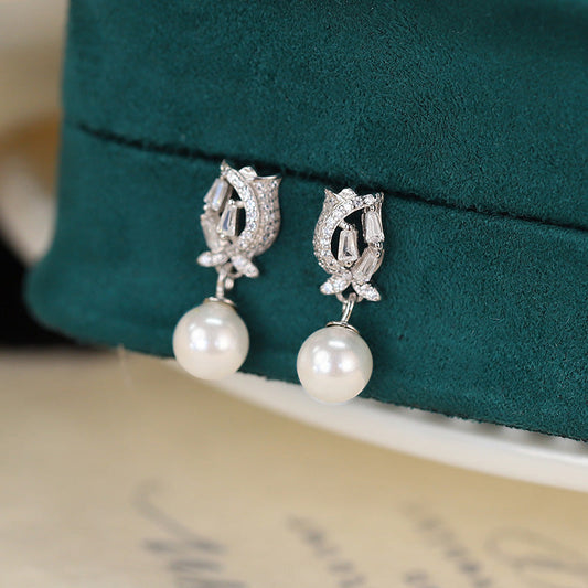 S925 Silver Tulip Pearl Stud Earrings