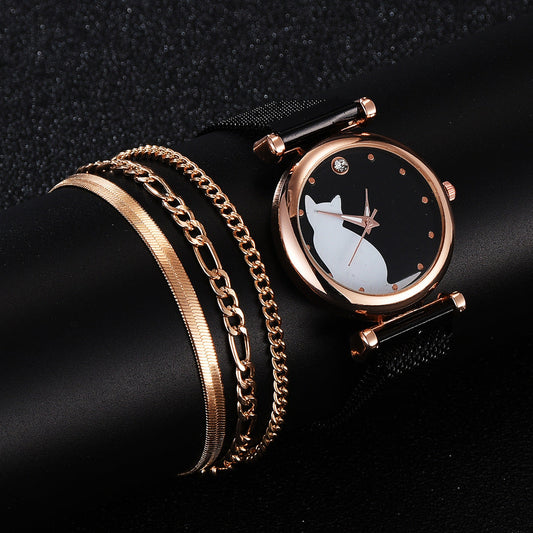 Cat Quartz Watch Bracelet Set