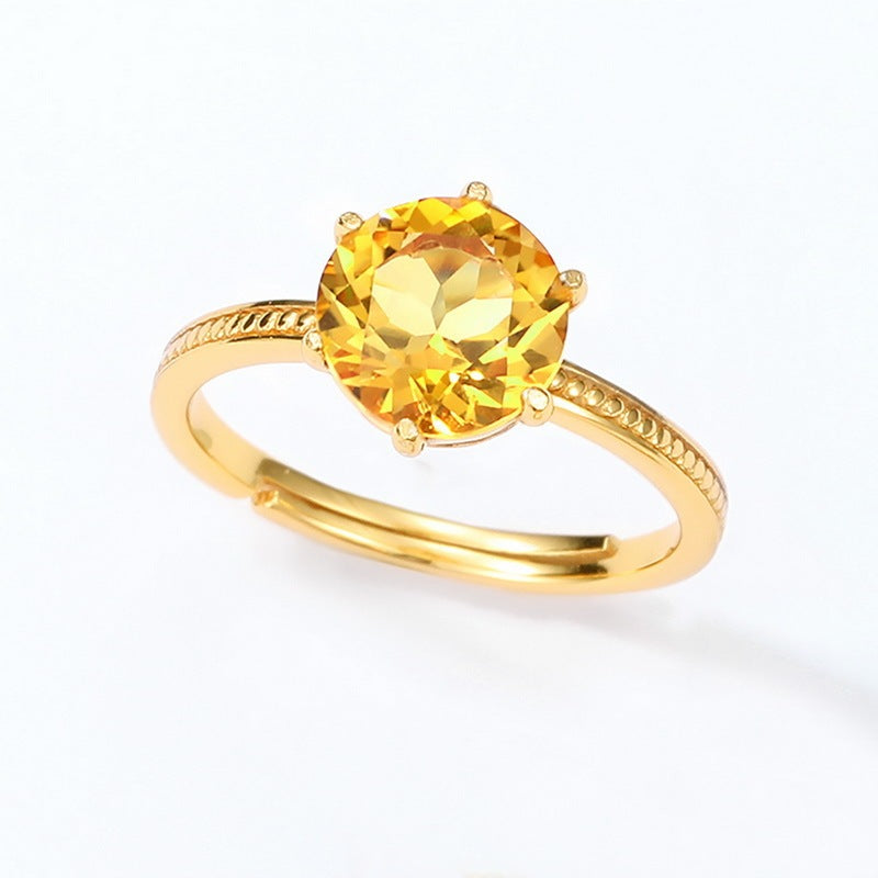 S925 Silver Round Natural Citrine Ring