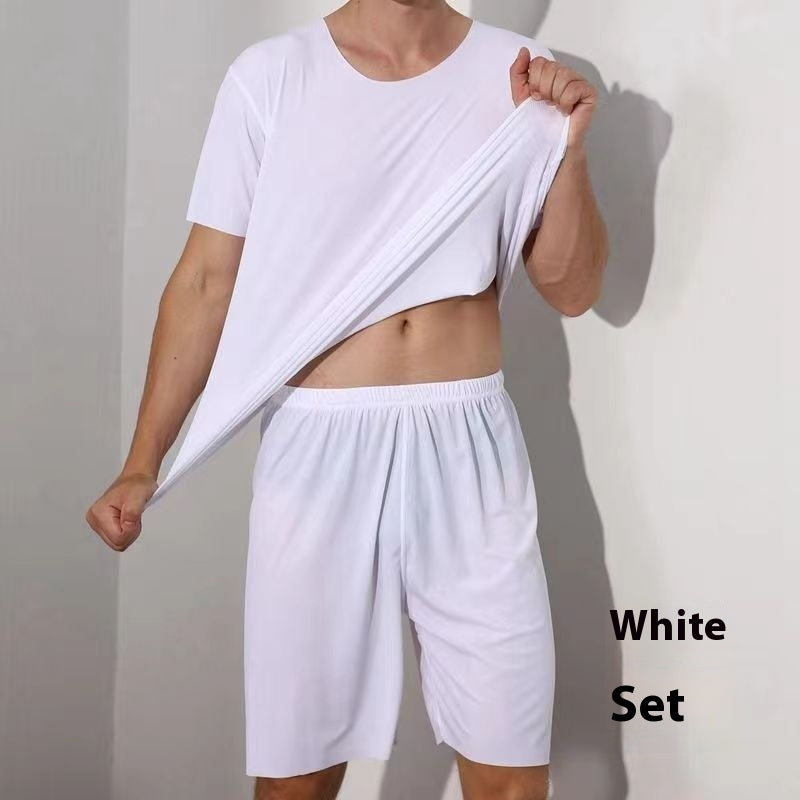 Men's Ice Silk Solid Color Short Sleeve & Shorts Set