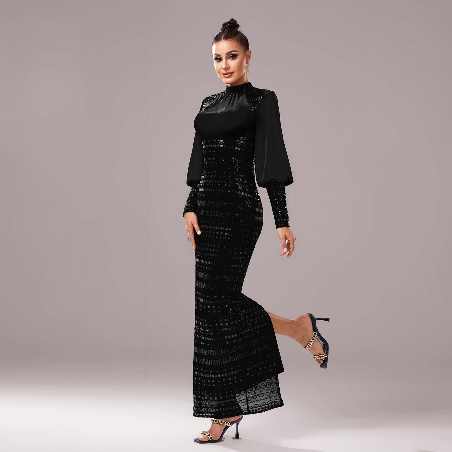 Sequined Slit Evening Dress