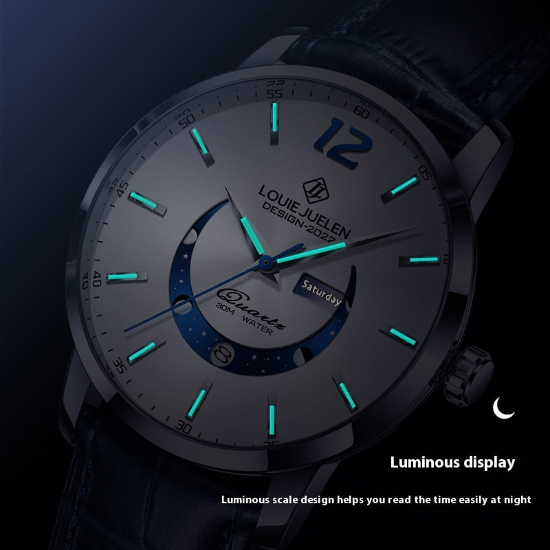 Men's Moon Phase Leather Quartz Watch