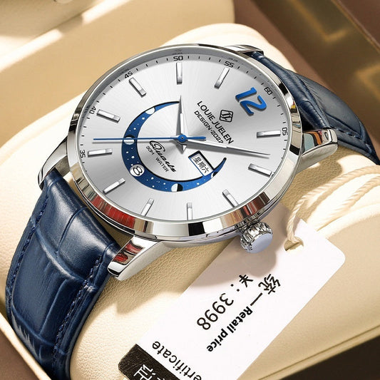 Men's Moon Phase Leather Quartz Watch