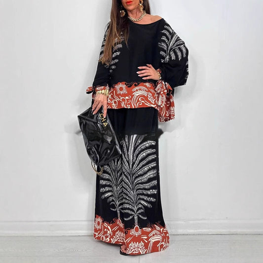 Vintage Floral Wide-Leg TopPants Suit